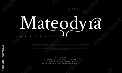 Mateyodyra premium luxury elegant alphabet letters and numbers. Elegant wedding typography classic serif font decorative vintage retro. Creative vector illustration