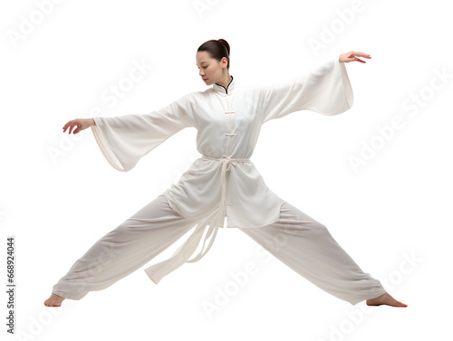 A person is performing a Tai Chi pose, dressed in traditional white Tai Chi attire against a clean white background.