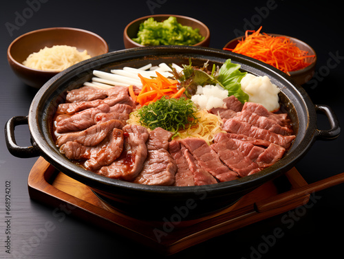 Sukiyaki is a popular Japanese hot pot dish consisting of thinly sliced beef simmered in a sweet and savory sauce with ingredients like tofu, noodles, mushrooms, and leafy vegetables.