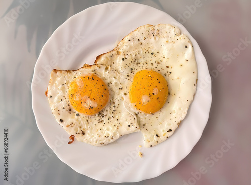 Classic Two Sunny-Side-Up Eggs with Herbs on a White Plate