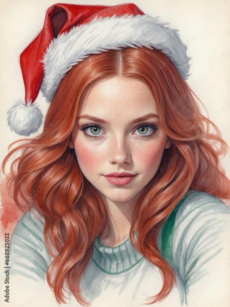 a portrait of a smiling christmas girl in her late20s, with long untamed red hair, dressed like a Christmas girl 3 a portrait of a smiling christmas girl in her late20s, with long untamed red hair, dressed like a Christmas girl 3