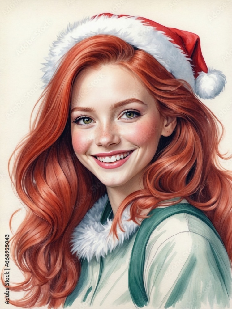 a portrait of a smiling christmas girl in her late20s, with long untamed red hair, dressed like a Christmas girl 11 a portrait of a smiling christmas girl in her late20s, with long untamed red hair, dressed like a Christmas girl 11