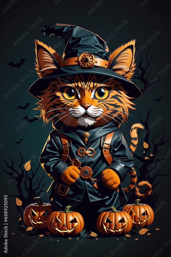Fototapeta A scary cat Halloween character fantasy vector art.