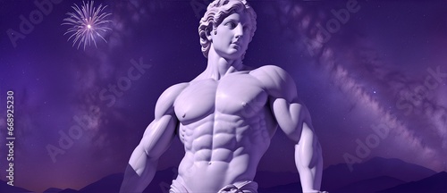 Upper body portrait marble statue of a greek god apollo on a night sky with purple fireworks background from Generative AI