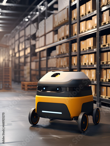 Autonomous robots in a factory warehouse, the future of industry, tech
