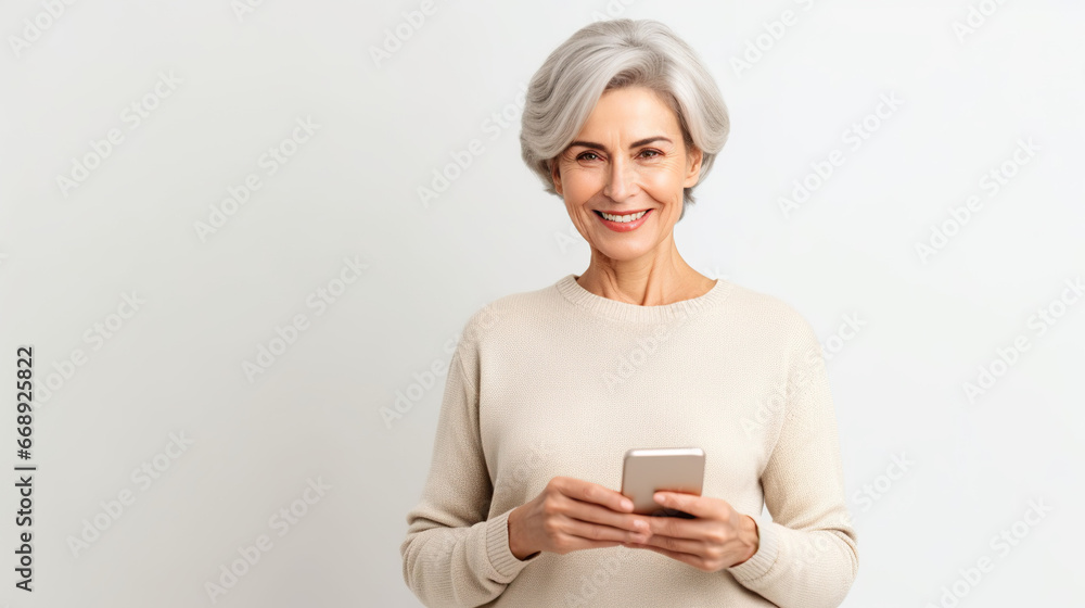 senior Beautiful woman use phone.look at camera smile senior Beautiful woman use phone.look at camera smile