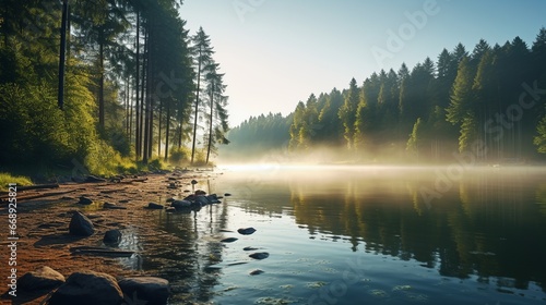 Beautiful view of pine forest trees and misty lake during morning sun