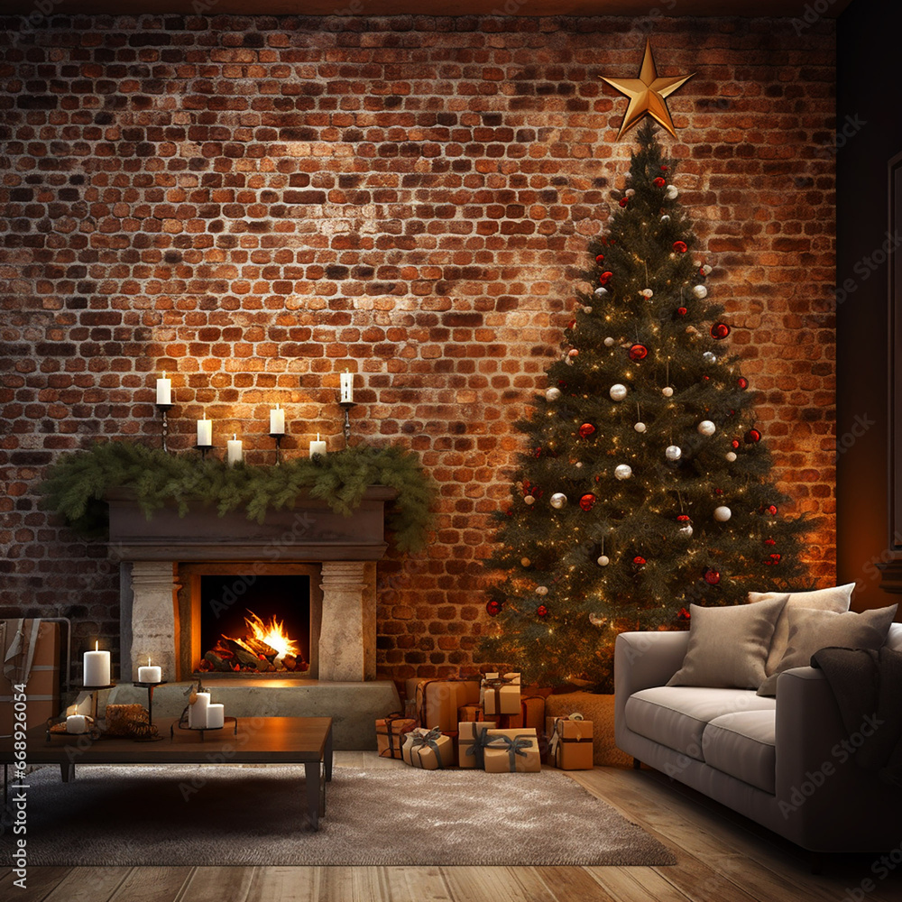 Fototapeta premium Christmas beautiful picture with a Christmas tree and gifts near a burning red brick fireplace, Christmas postcard, generative AI