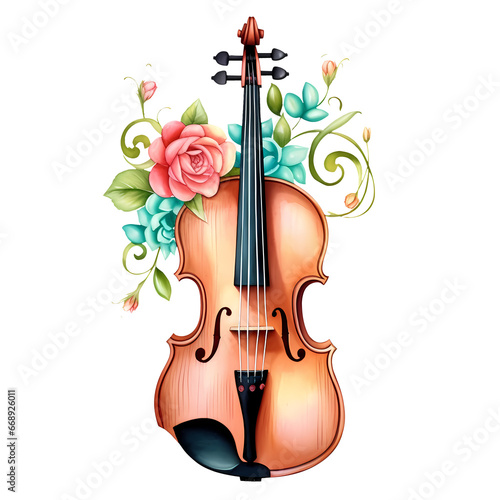 Watercolor Violin With Flowers Clipart Illustration