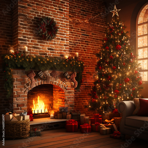 Christmas beautiful picture with a Christmas tree and gifts near a burning red brick fireplace, Christmas postcard, generative AI