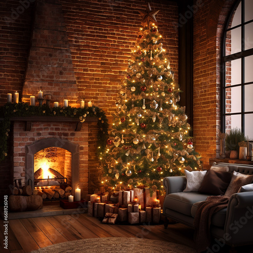 Christmas beautiful picture with a Christmas tree and gifts near a burning red brick fireplace  Christmas postcard  generative AI