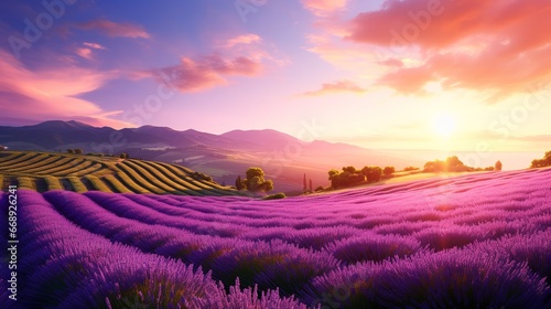 Beautiful view of sunset in lavender fields