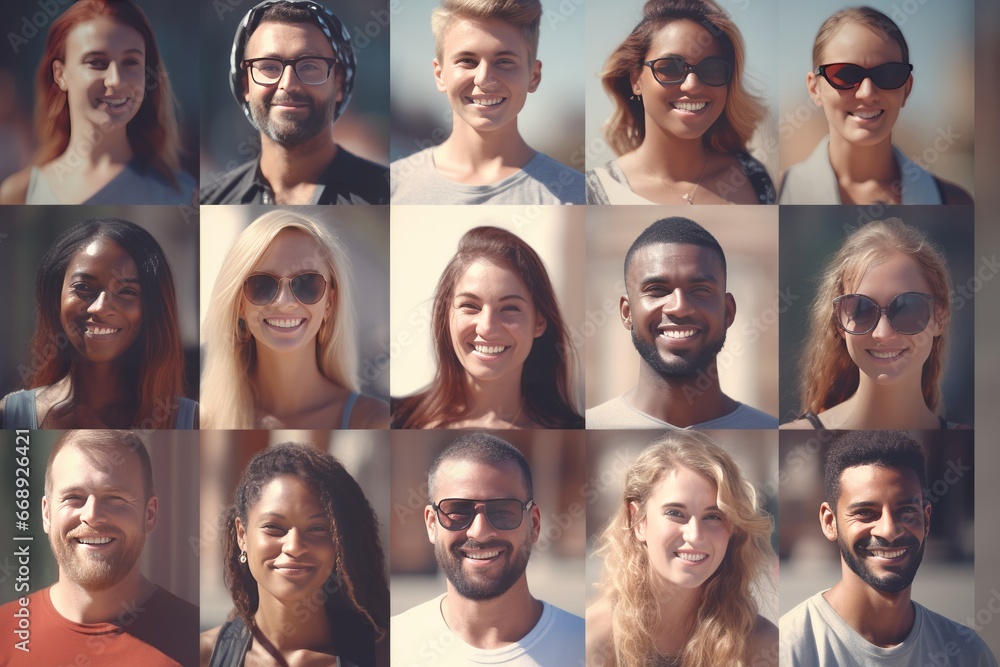 Collage of smiling young people looking at camera. Group of diverse people on blurred background