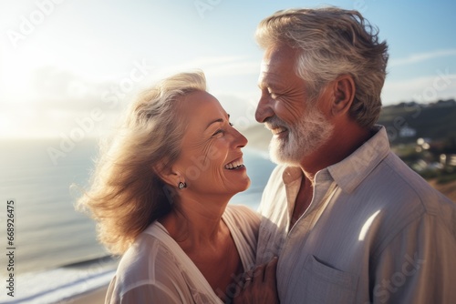Happy senior couple on a cruise ship, looking at each other and smiling