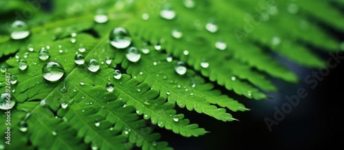 Water droplets on a leaf fern refreshing in a close up shot