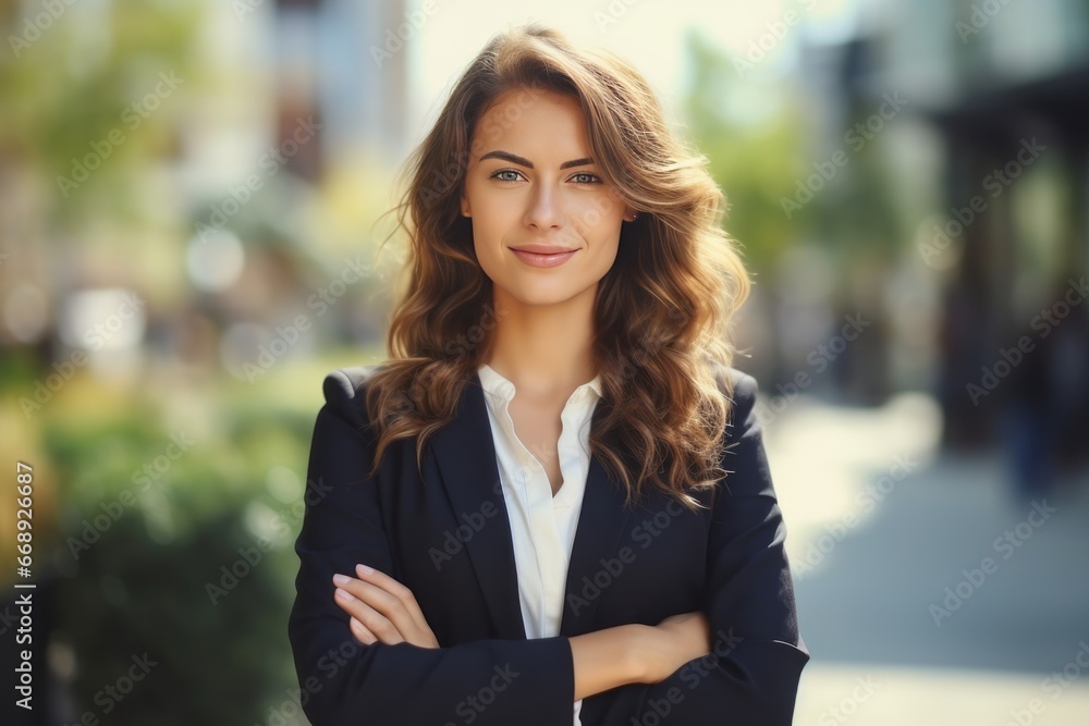 Portrait of a beautiful young business woman standing outdoors with arms crossed Portrait of a beautiful young business woman standing outdoors with arms crossed