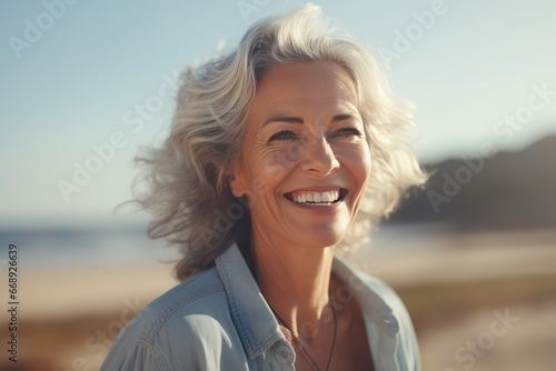 Portrait of beautiful mature woman smiling at camera while standing on beach