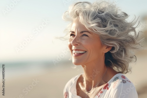 smiling middle aged woman in summer clothes looking away on seashore