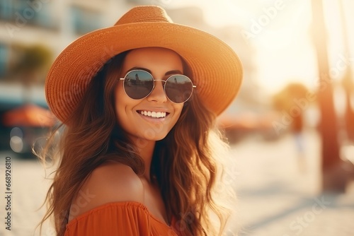 Portrait of a beautiful young woman in a hat and sunglasses on the beach.