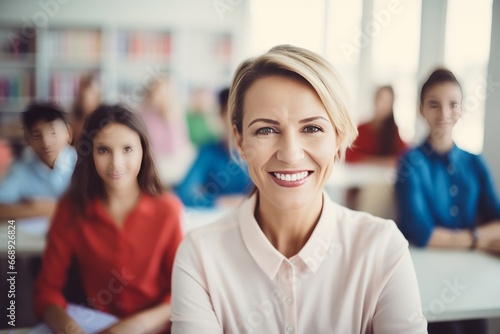 Portrait of smiling teacher looking at camera in classroom with classmates in background