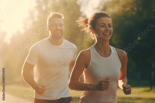 Sporty young couple is jogging in park. They are looking at camera and smiling