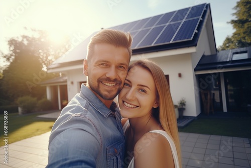 beautiful young couple taking selfie with solar panels on roof at home photo