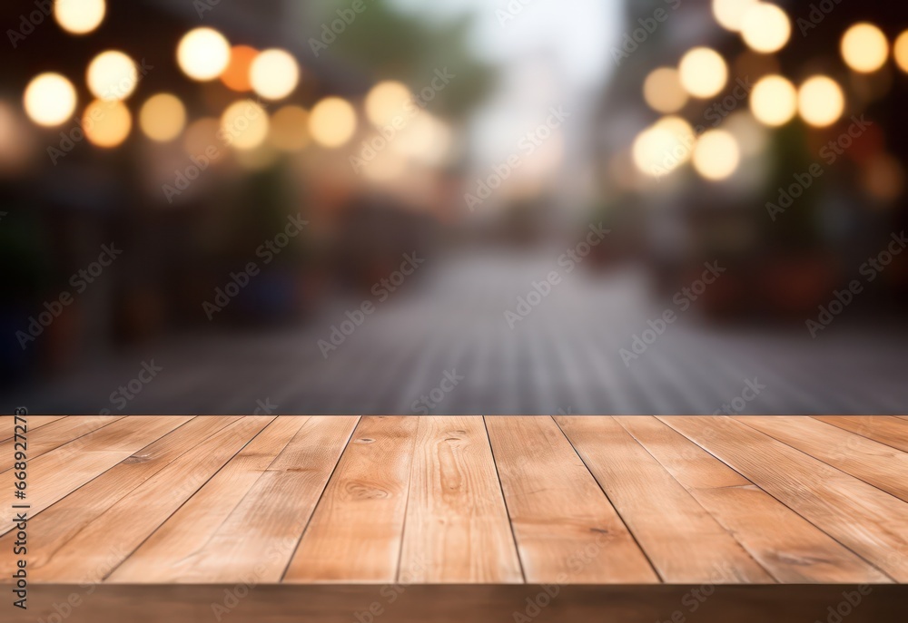 Wooden board in front of blurred background. Can be used for display or montage your products. Mockup for display of product.