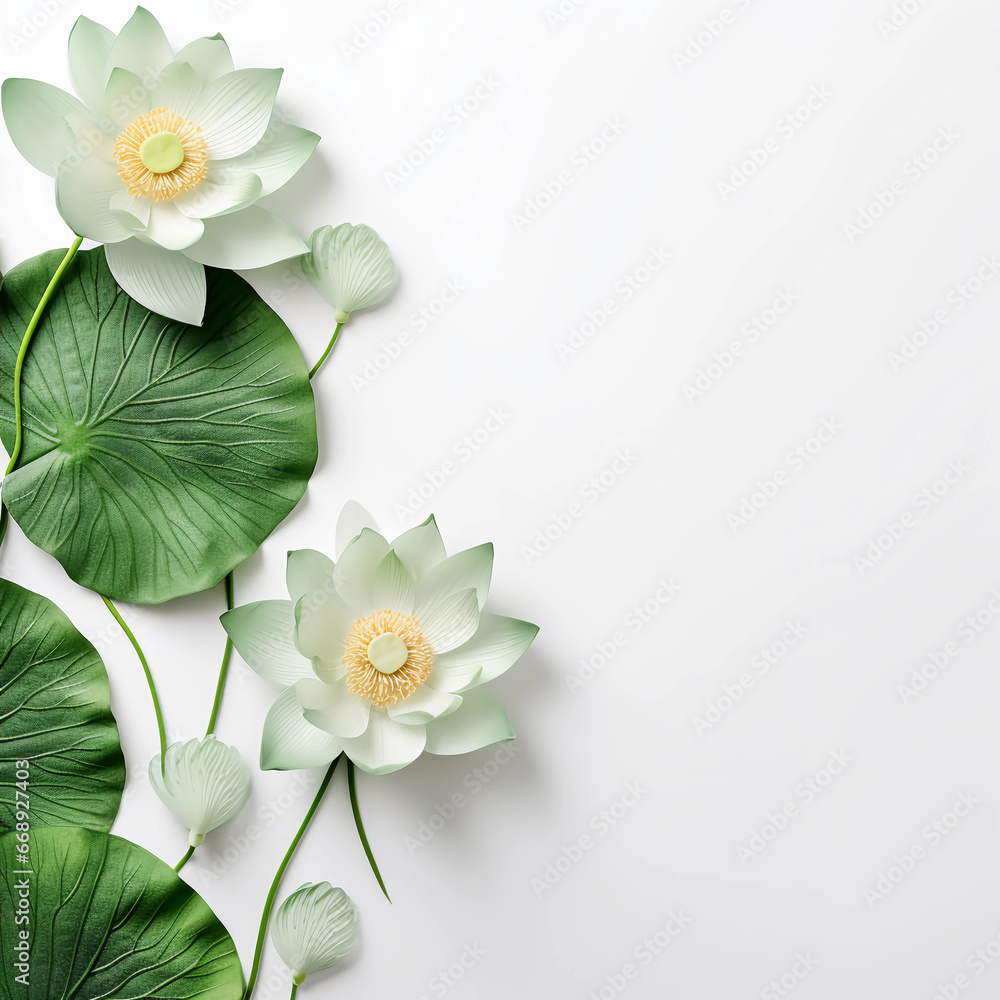 Obraz premium White lotus flower and leaves isolated on a white background, Tropical flower background design for cosmetics, yoga, wall photo print, postcards, covers. Buddha flower. Generative AI. 