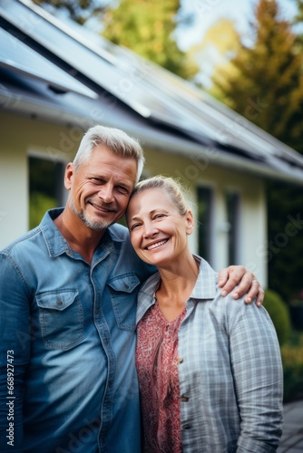 Portrait of smiling senior couple standing in front of their new house