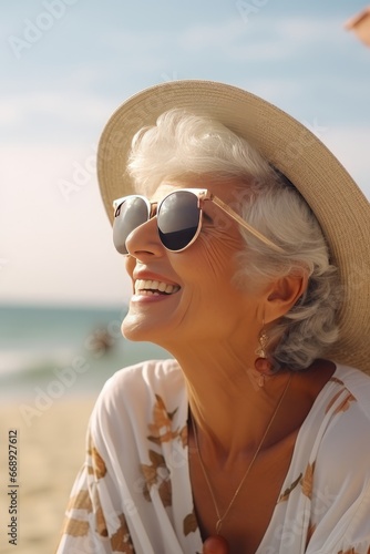 Portrait of happy senior woman in sunglasses and hat on the beach