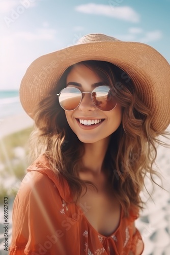 fashion outdoor photo of beautiful woman with blond hair in elegant clothes and hat posing on summer beach