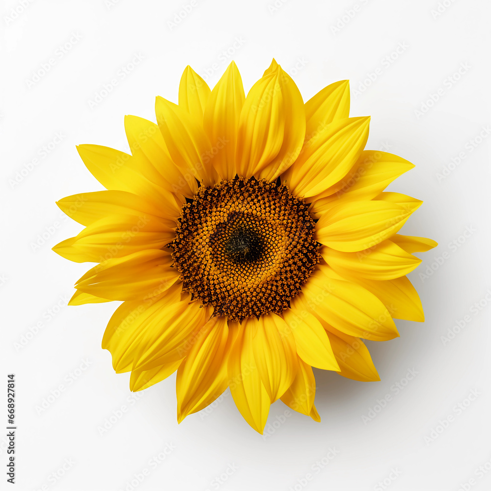 Fototapeta premium Sunflower and leaves isolated on a white background, Yellow summer flower, Generative AI.