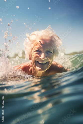 Portrait of senior woman splashing in the sea on a sunny day