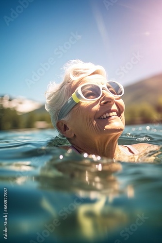 Happy senior woman swimming in a pool on a sunny day. Senior woman relaxing in water.