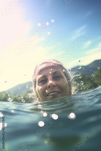 Portrait of a smiling woman in the sea. Young woman swimming in the sea. © GoldenART