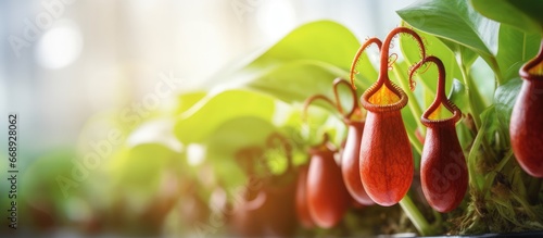 Red nepenthes in focus with blurred bokeh backdrop photo