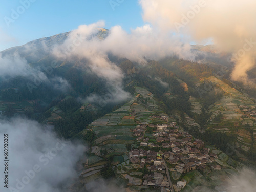 Aerial view of the Nepal van java on mount sumbing, The building houses in the countryside of the mountainside. Magelang, Indonesia