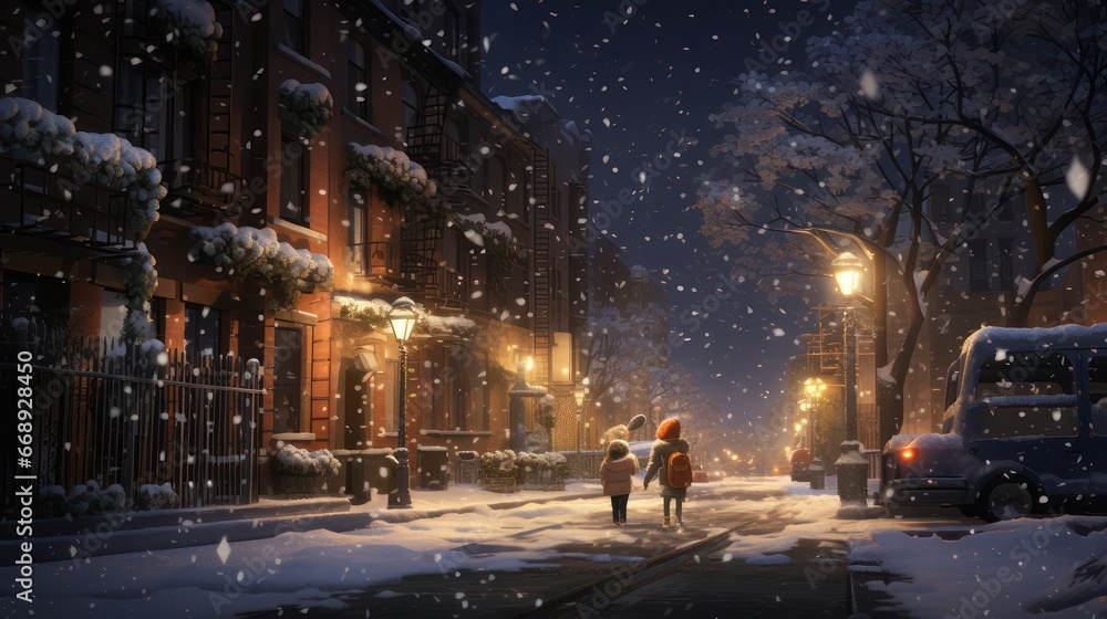 A city street at night, Boy and girl best friends are playing in the snow outdoors wearing thick jackets and beanie hats