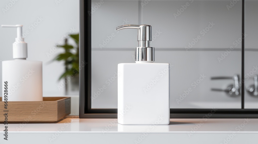 Photo of soap bottle with blank label for presentation mockup template purpose