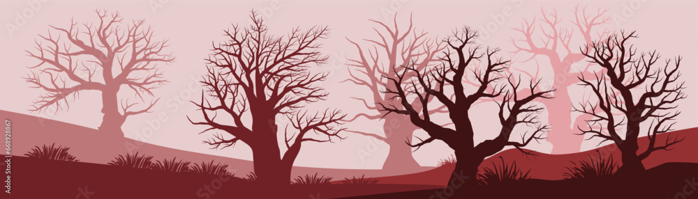 Fototapeta premium Silhouette of forest with scary dead tree on white background. Forest with dead trees vector design