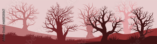 Fototapeta Naklejka Na Ścianę i Meble -  Silhouette of forest with scary dead tree on white background. Forest with dead trees vector design