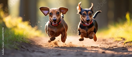 Amusing wiener dogs frolicking outdoors photo