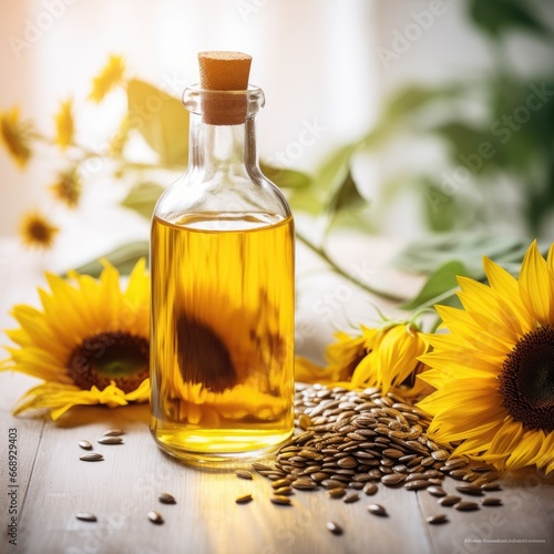 Organic sunflower oil in glass bottle with sunflower on a wooden table. Blurred background.Generative Ai photo