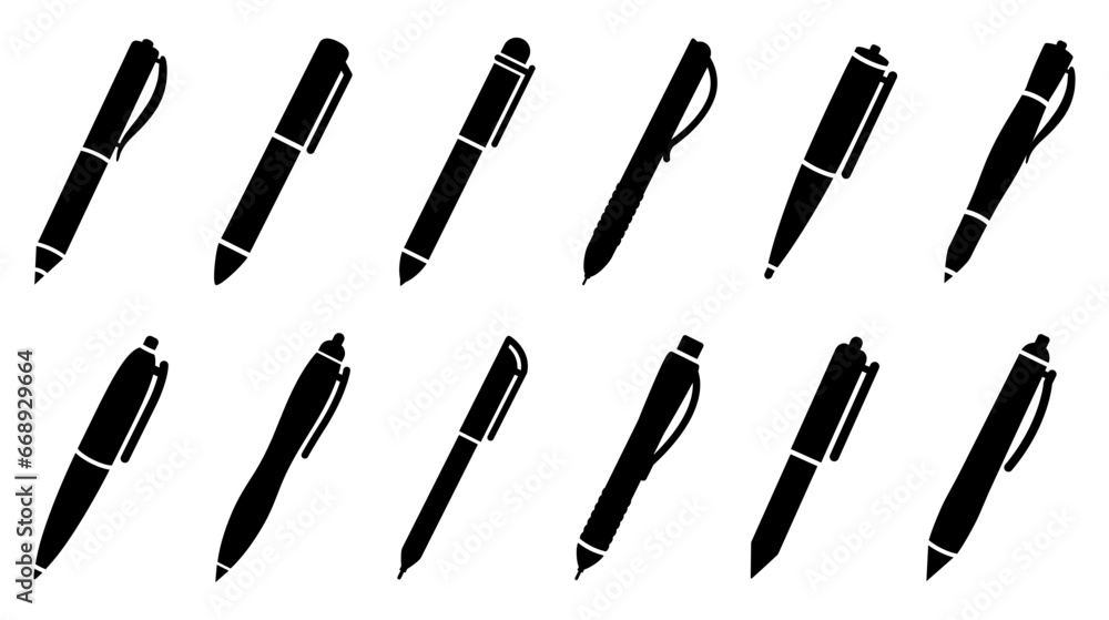Pen icon set. write, writing, pencil, ballpoint, marker, ball pen, office, business, pens, school, stationary, ink, crayons, icons. Black solid icon collection. Vector illustration