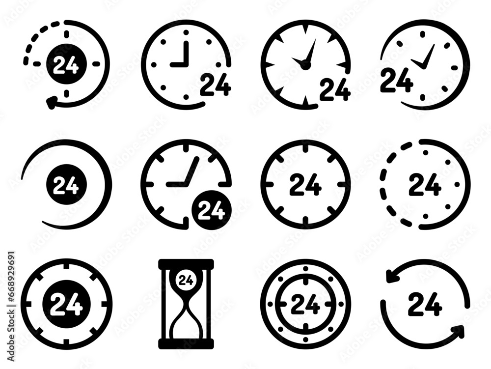 24 hour service icon set. clock, time, open, support, information, day, schedule, 7, delivery, shipping, phone, call, help, helpline, icons. Black solid icon collection. Vector illustration 24 hour service icon set. clock, time, open, support, information, day, schedule, 7, delivery, shipping, phone, call, help, helpline, icons. Black solid icon collection. Vector illustration
