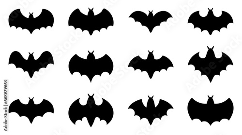 Halloween bat icon set. bats, vampire, horror, wing, night, evil, batman, flying, skittish, bird, fly, scarey, dark, animal, animals, icons. Black solid icon collection. Vector illustration