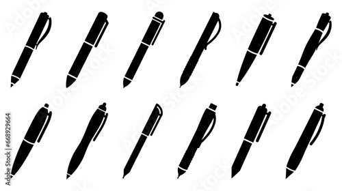 Pen icon set. write, writing, pencil, ballpoint, marker, ball pen, office, business, pens, school, stationary, ink, crayons, icons. Black solid icon collection. Vector illustration