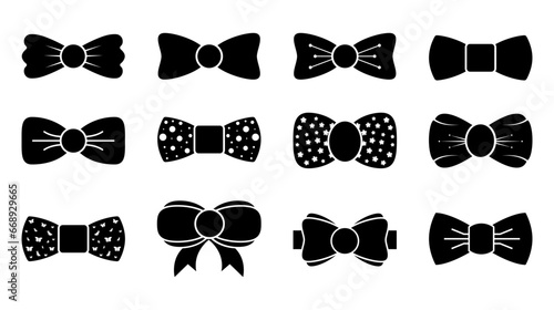 Bow tie icon set. necktie, attaching, fashion, clothing, accessory, neck, elegance, suit, clothes, wear, elegant, dress, shirt, icons. Black solid icon collection. Vector illustration
