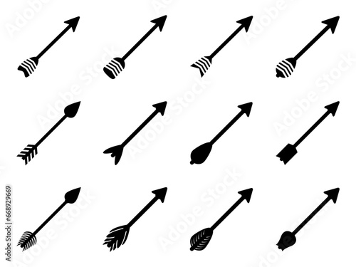 Bow arrow icon set. arrows, native, tribal, hunt, hunting, hunter, shoot, archery, ancient, archer, aim, weapon, icons. Black solid icon collection. Vector illustration