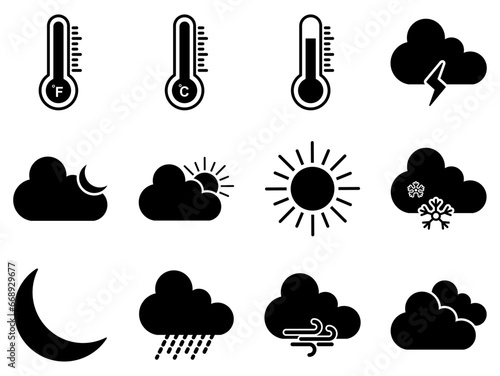 Weather icon set. forecast, climate, cloud, cloudy, sun, rain, storm, snow, hot, cold, sky, day, night, rainbow, rainy, icons. Black solid icon collection. Vector illustration